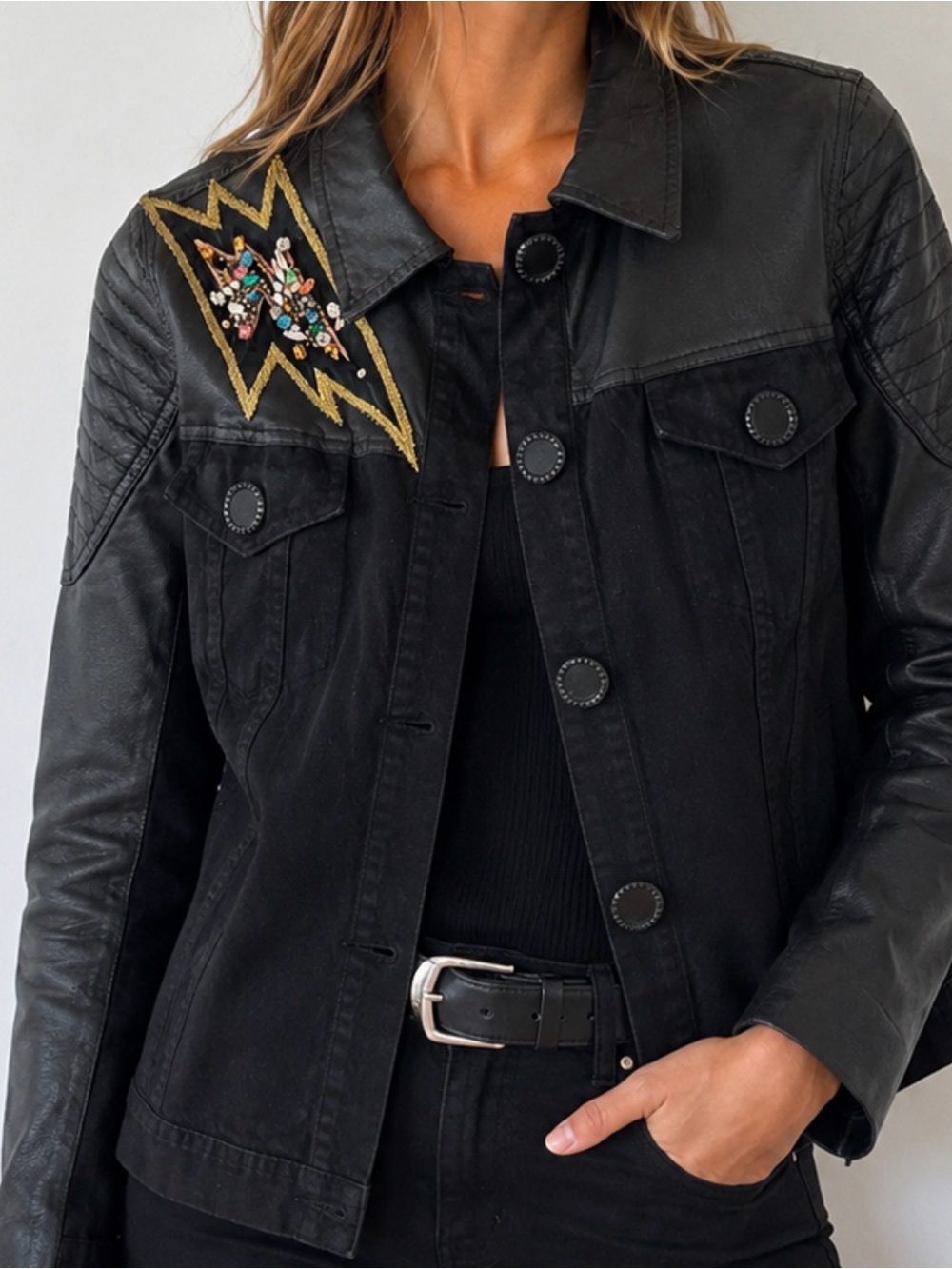 Jazmin Chebar Black Embellished Leather-Panel Jacket with Lightning Patch -